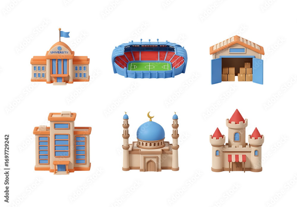 Fototapeta premium 3d icon of collection of 3d cartoon buildings including a school, stadium, warehouse, mosque, and castle isolated on transparent background