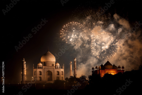 Majestic Diwali celebration illuminating the Taj Mahal with fireworks and lights in a stunning night display