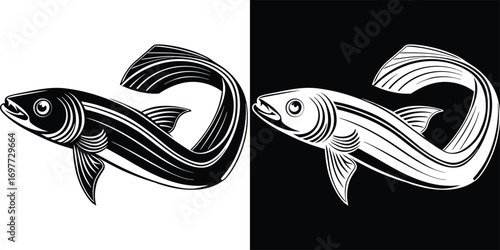 Sleek, stylized fish illustration in striking black and white contrast for dynamic aquatic themes