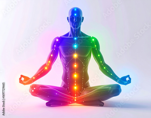 Meditation chakra energy human silhouette lotus pose chakra alignment glowing lights aura visualization spiritual anatomy energy centers holistic