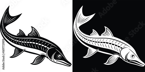 Bold graphic design of a predatory fish in monochrome, perfect for sports and wildlife branding