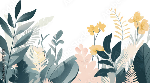 Soft watercolor botanical illustration of delicate green and yellow flowers and leaves on white background