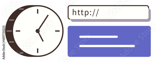 Clock highlights importance of time with search bar representing online navigation. Text block complements idea of productivity. Ideal for time tracking, efficiency, digital tools, online presence