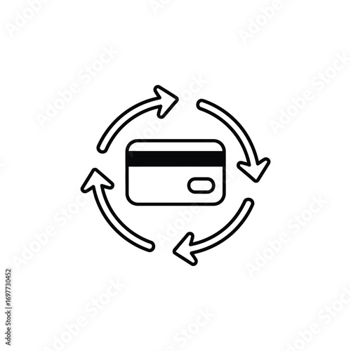 Credit card recurring payment icon with circular arrows representing automatic renewal and subscription services. A simple vector for financial transactions and cashback concepts