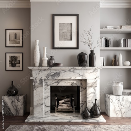 A sophisticated and stylish living room fireplace mantelpiece, featuring a grey and white marble surround, elegant black and white vases, and framed art pieces, exuding a calm and modern ambiance.