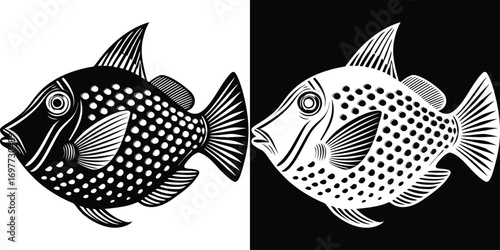 Striking black and white stylized fish art, perfect for nautical decor and aquatic themes