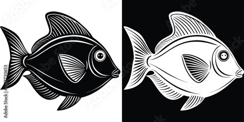 Striking black and white fish illustration, a dynamic and elegant marine creature perfect for aquatic themes and design projects.