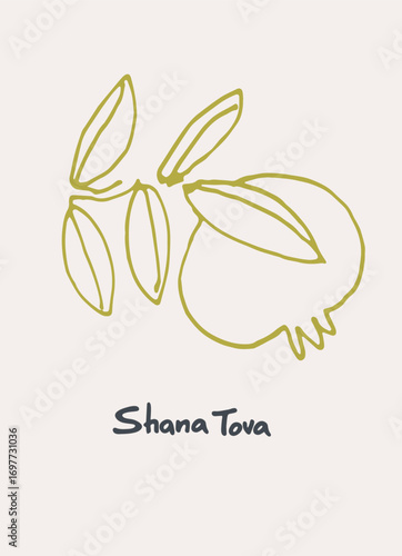 Rosh Hashana greeting vector background. Wishing Happy New Year in Hebrew. Hand-lettered text decorated with hand drawn pomegranate branch. Isolated on the white