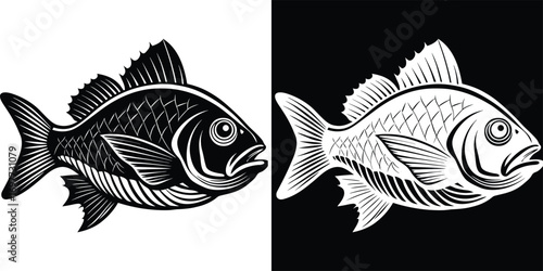 Striking black and white fish illustrations offer bold graphic appeal for diverse design projects