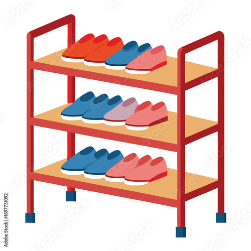 A simple wooden shoe organizer shelf with multiple pairs of colorful shoes isolated on a white background