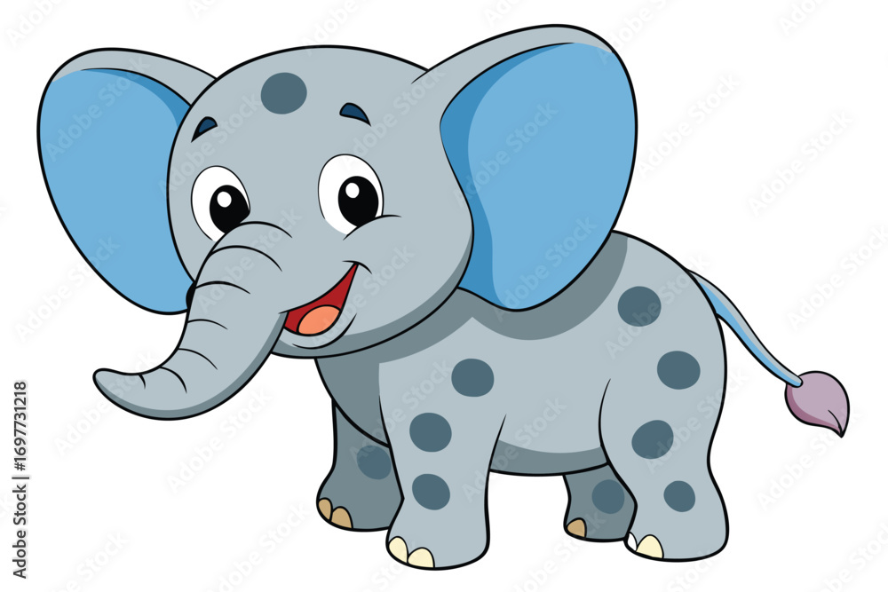 Fototapeta premium Cartoon Elephant with Spots, Blue Ears, and a Sweet Smile on White Background