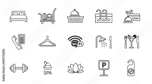 Collection of hotel service icons in a sketchy silhouette style