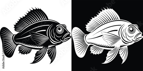 Striking black and white fish graphic design, perfect for aquatic themes and bold branding projects.