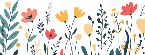 Whimsical hand drawn watercolor wildflowers and foliage border on a clean white background