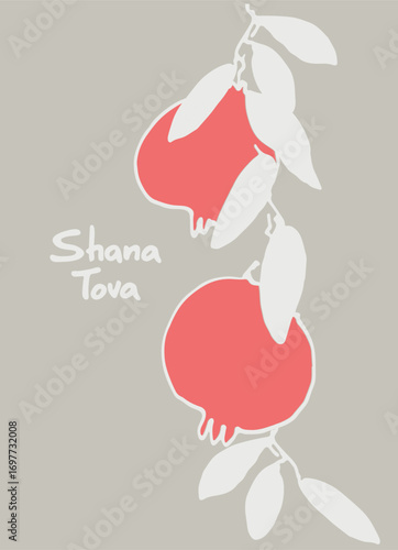 Rosh Hashana greeting vector background. Wishing Happy New Year in Hebrew. Hand-lettered text decorated with hand drawn pomegranate branch. Isolated on the white
