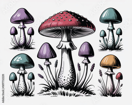 Colorful Mushroom Collection with Grass and Foliage on White Background Vector Illustration