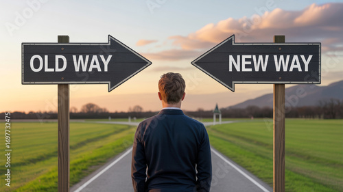 Old way new way decision making concept business strategy and changing direction leadership and innovation