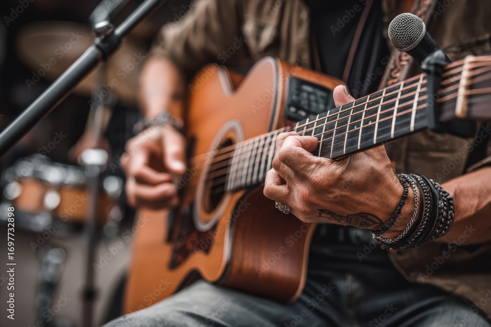 Obraz premium A man is playing an acoustic guitar in front of a microphone while performing