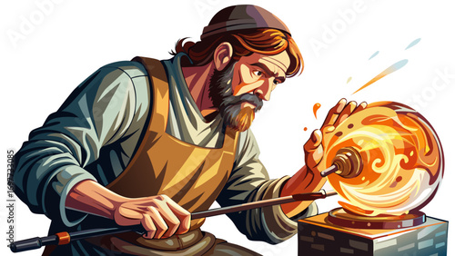 Close-up portrait of male glassblower shaping molten glass. Isolated white background emphasizes artistry, heat, and ancient techniques.