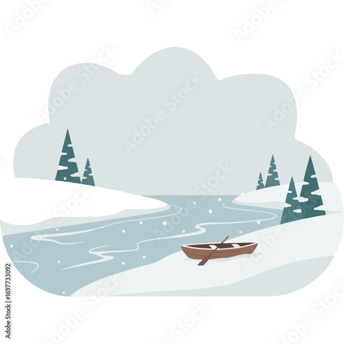 Boat on a river covered in ice: Suitable for use on winter travel blogs, websites or articles about nature or landscape photography.