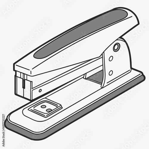 Detailed black and white line art illustration of a standard office stapler on a clean white background