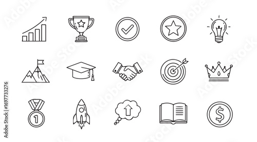 Collection of business and success icons in a sketchy silhouette style