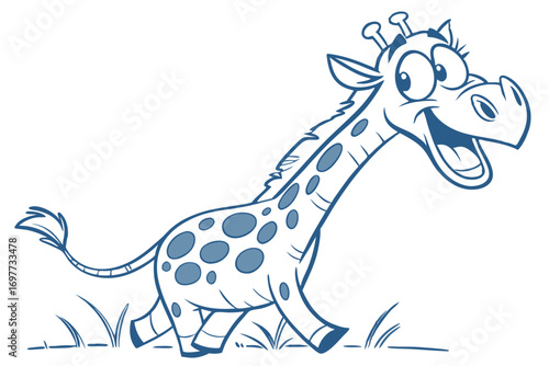 Cartoon Giraffe Running on Grass in Blue Outline, Vector, White Background