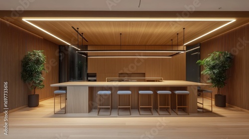 Modern indoor lounge with wooden counter and blue stools