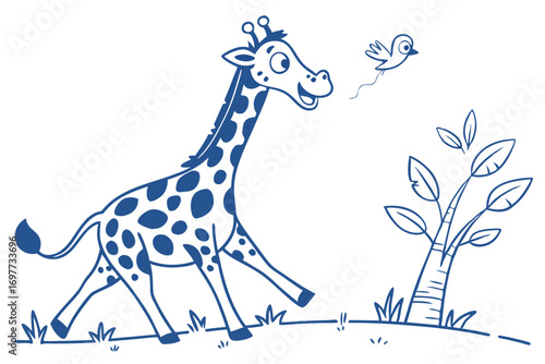 Cartoon Giraffe Running with Bird and Bush in Line Art Style on White Background