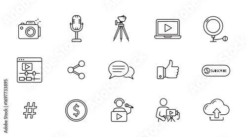 Collection of hand drawn social media and content creation icons in silhouette