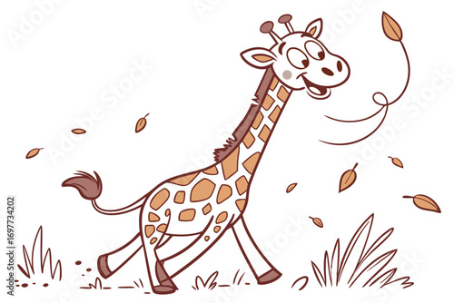 Cartoon Giraffe Running with Falling Leaves, on White Background