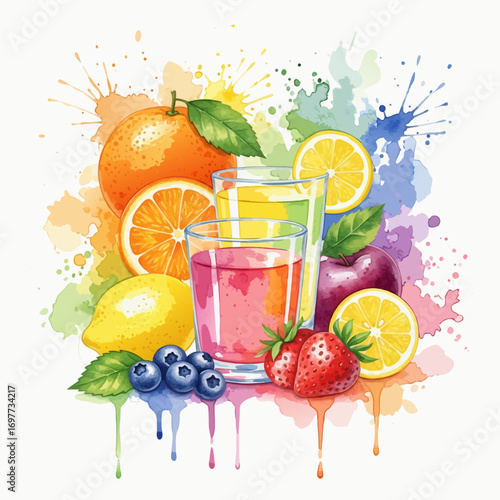 A vibrant watercolor composition of fresh fruit juice in glasses, surrounded by oranges, lemons, berries, and apples. A rainbow splash of paint creates an artistic background.