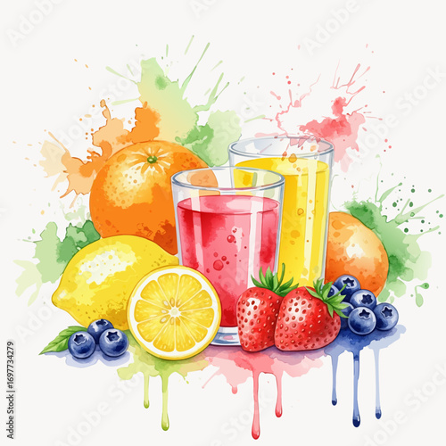 A vibrant watercolor illustration of fresh citrus and berry juices in glasses. Oranges, lemons, strawberries, and blueberries are arranged with artistic splashes on a clean white background.