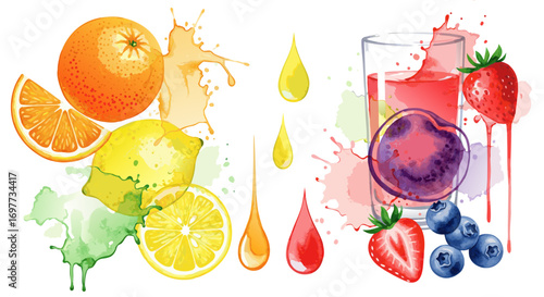 A vibrant watercolor vector collection of citrus fruits (orange, lemon) with green and yellow splashes, alongside berries (strawberry, blueberry, plum) with red splashes and a glass of berry juice.