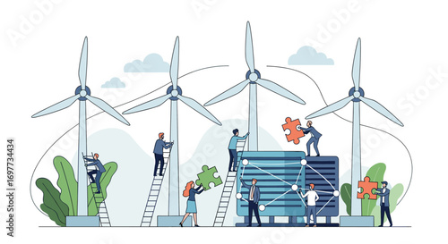 Teamwork building renewable energy infrastructure with wind turbines and advanced technology for sustainable future development
