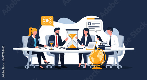Business meeting strategy session focused on global growth and strategic planning with timely execution