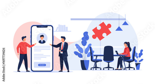 Modern business recruitment process using mobile application technology and team collaboration in office environment