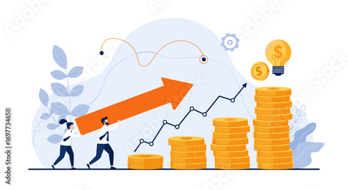 Illustrating the concept of business growth and financial success with rising charts and stacks of money coins representing progress and innovation