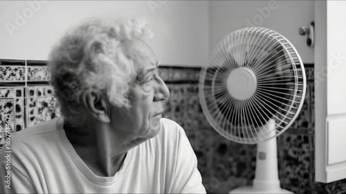 elderly Spanish man sitting indoors with portable fan blowing, Mediterranean European appearance, traditional Spanish tile decor, documentary muted Spain heatwave