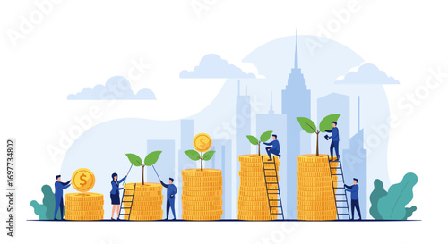 Illustrating the concept of financial growth and investment success through stacks of coins and tiny people nurturing small plants with a city skyline in the background