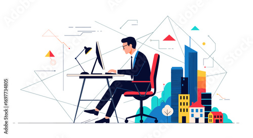 Modern professional working in a futuristic urban environment with digital connections and abstract geometric elements