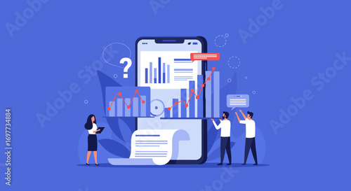 Analyzing business data on a mobile device with a team collaborating on financial reports