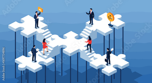 Businesspeople collaborating on a puzzle platform discussing financial growth and investment opportunities
