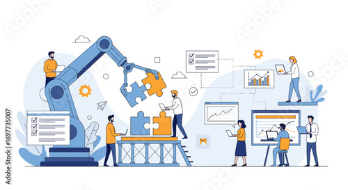 Creative team assembling complex puzzle pieces with robotic arm and digital tools for project success