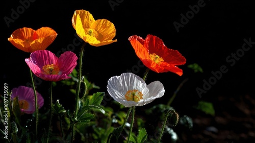 Vivid, sunlit poppy flowers in orange, yellow, red, pink, and white against a dark background