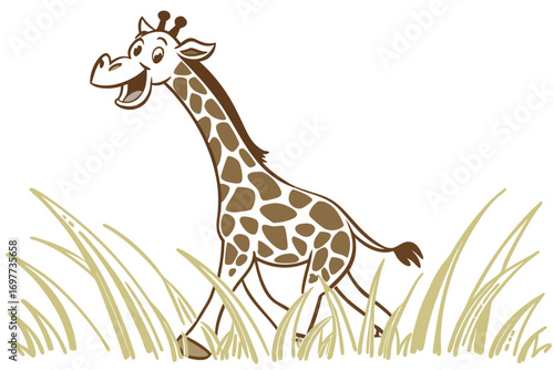 Cartoon Giraffe Walking Tall Grass with Spot Pattern on White Background