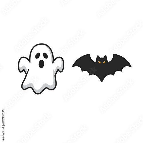 Cartoon Ghost and Bat Illustration for Halloween Simple Design Spooky Cute.