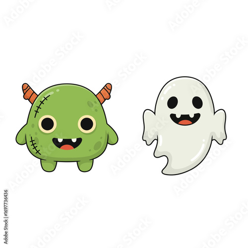 Cartoon Green Monster with Horns and a Smiling White Ghost Illustration.
