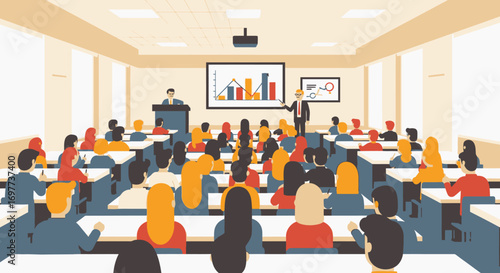 Corporate Conference Presentation with Audience and Statistics Chart