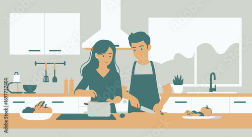 Couple Preparing Food in Kitchen Illustration Home Cooking Togetherness Meal Preparation
